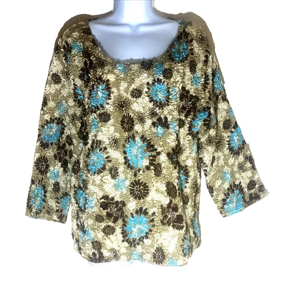Y2K ABC Collection Plus 1X Crinkle Metallic Floral Blouse Aqua Mermaid Fairycore